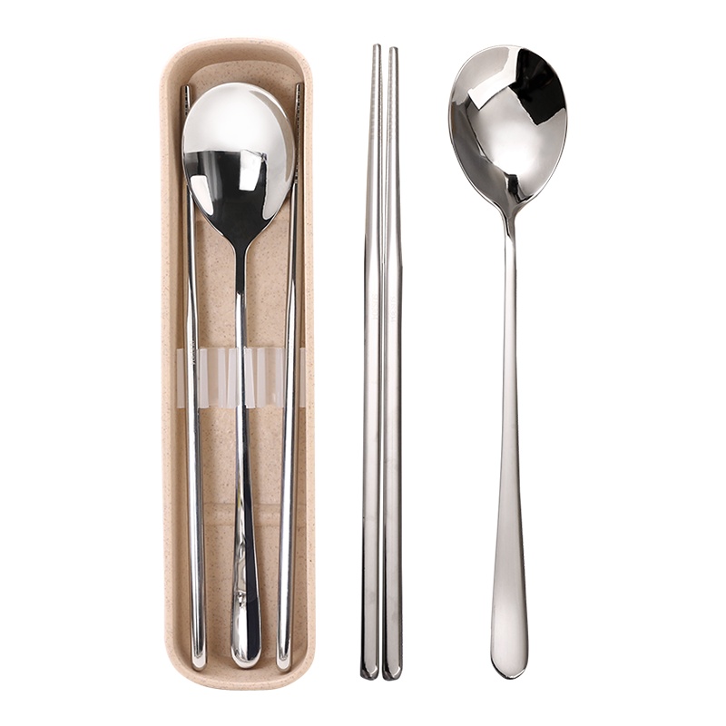 鸣順 筷子勺子套装家用韩式餐具食品级304不锈钢 筷勺便携餐具二件套学生可爱筷盒