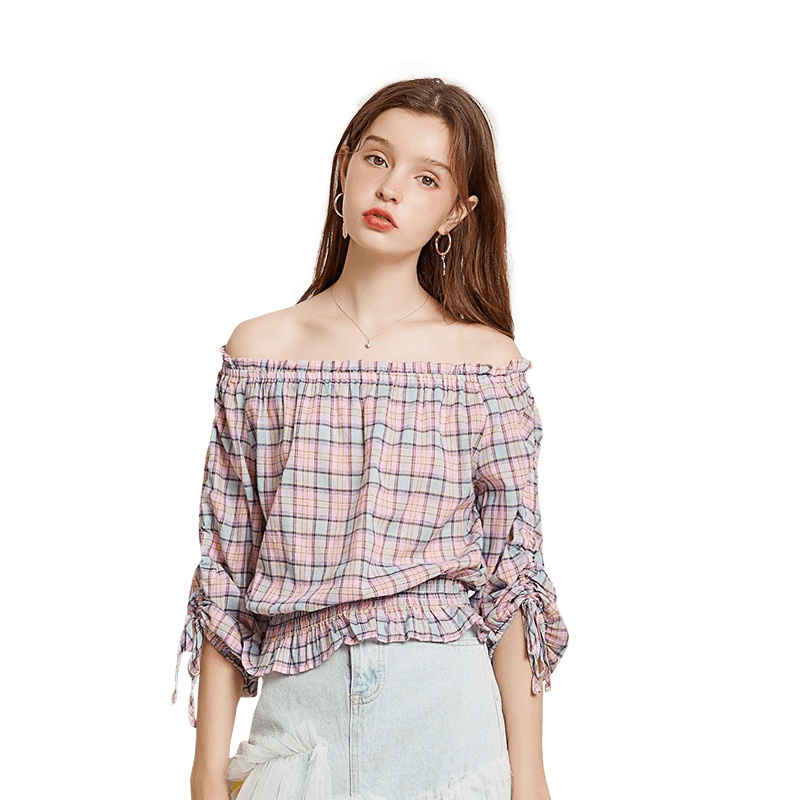 美丽衣橱一字肩上衣女2019新款时尚百搭英伦风格子显瘦套头衬衫