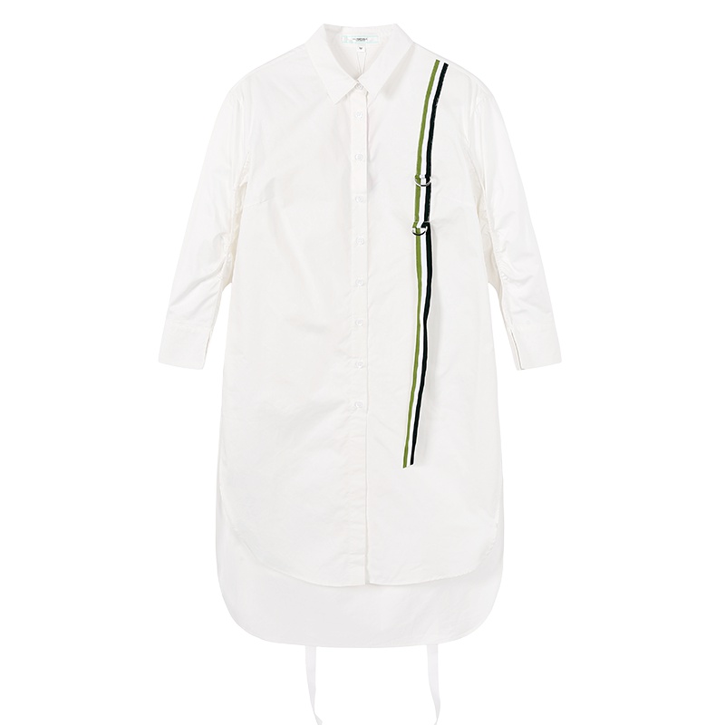 马克华菲女装2019秋中长款长袖西装领纯棉白色衬衫