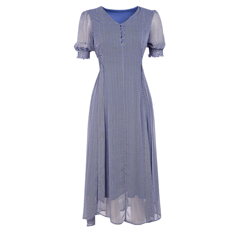 晩白 新品条纹V领短袖系带收腰显瘦长款A字雪纺连衣裙