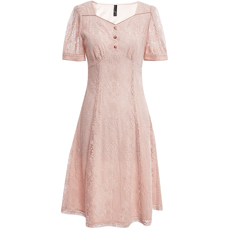 欧昵雪夏季气质方领镂空蕾丝短袖连衣裙女时尚显瘦a字裙