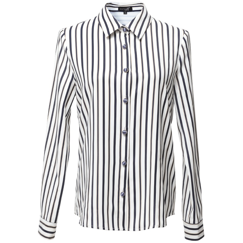 欧昵雪秋装通勤OL时尚polo领条纹衬衫女上衣长袖显瘦衬衣