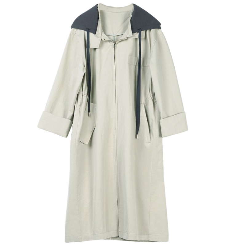 晚白2021春季新品通勤简约纯色休闲百搭连帽拉链中长款风衣外套女