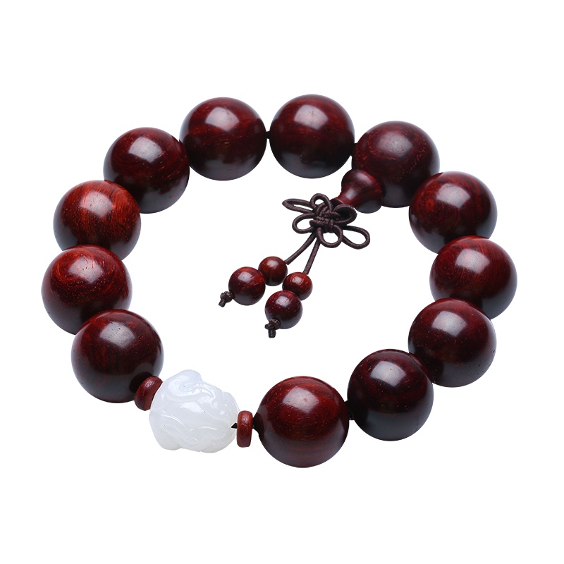 月印百川 小叶紫檀佛珠手串 男女款和田玉白玉貔貅手链 送玉石证书