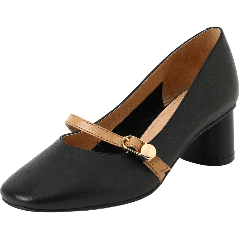 百田森新款一字扣玛丽珍鞋法式复古单鞋粗跟中跟奶奶鞋女