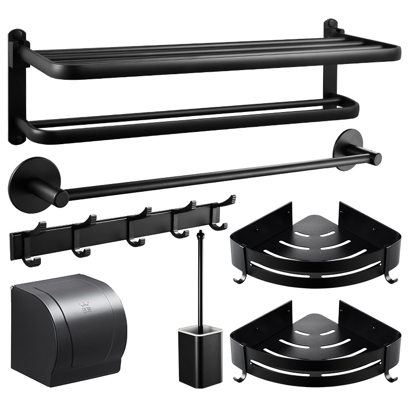 优勤浴室黑色置物架毛巾架北欧风免打孔浴巾架套装卫浴挂件