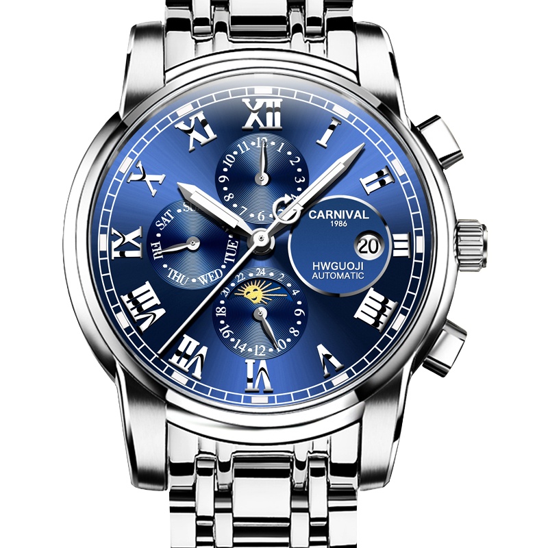 瑞士嘉年华Carnival正品手表新款全自动机械表 男表休闲时尚男士多功能防水金属精钢商务男表大气厚重腕表8008