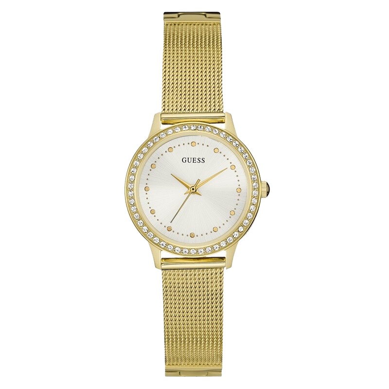 盖尔斯(GUESS)简约时尚潮流金色米兰带镶钻超薄石英女士手表W0647L7