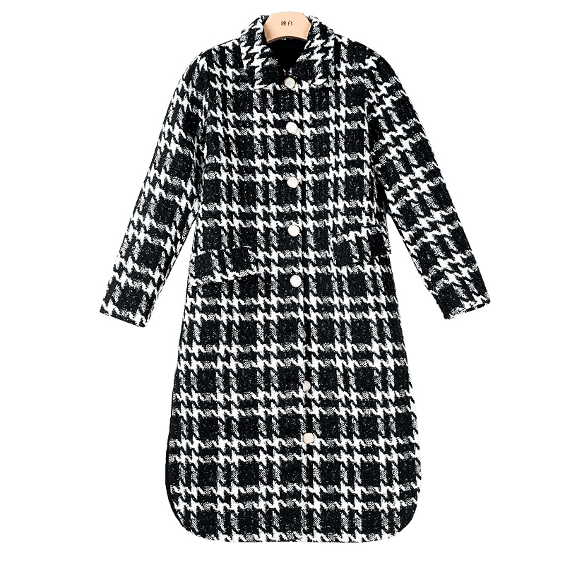晚白2020冬季新品时尚休闲千鸟格娃娃领长袖中长款毛呢大衣外套女