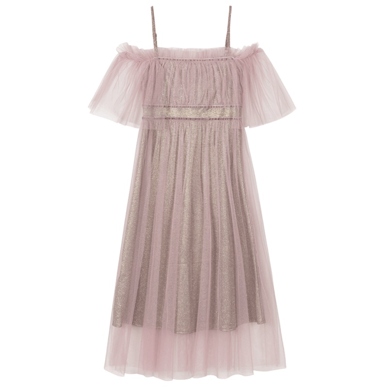 马克华菲女装2019新款纱连衣裙夏超仙一字肩露肩连衣裙长款纱裙