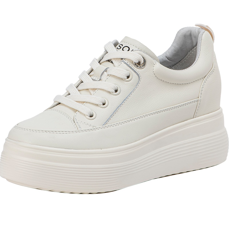 百田森厚底小白鞋女春季真皮内增高显瘦松糕鞋百搭板鞋女鞋