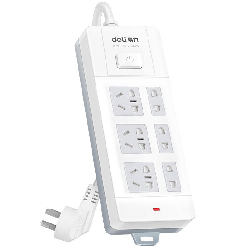 得力(deli)18247-02 接线板新国标3+3组合插孔2米大孔距总控开关插座 插排插线板排插拖线板 白色