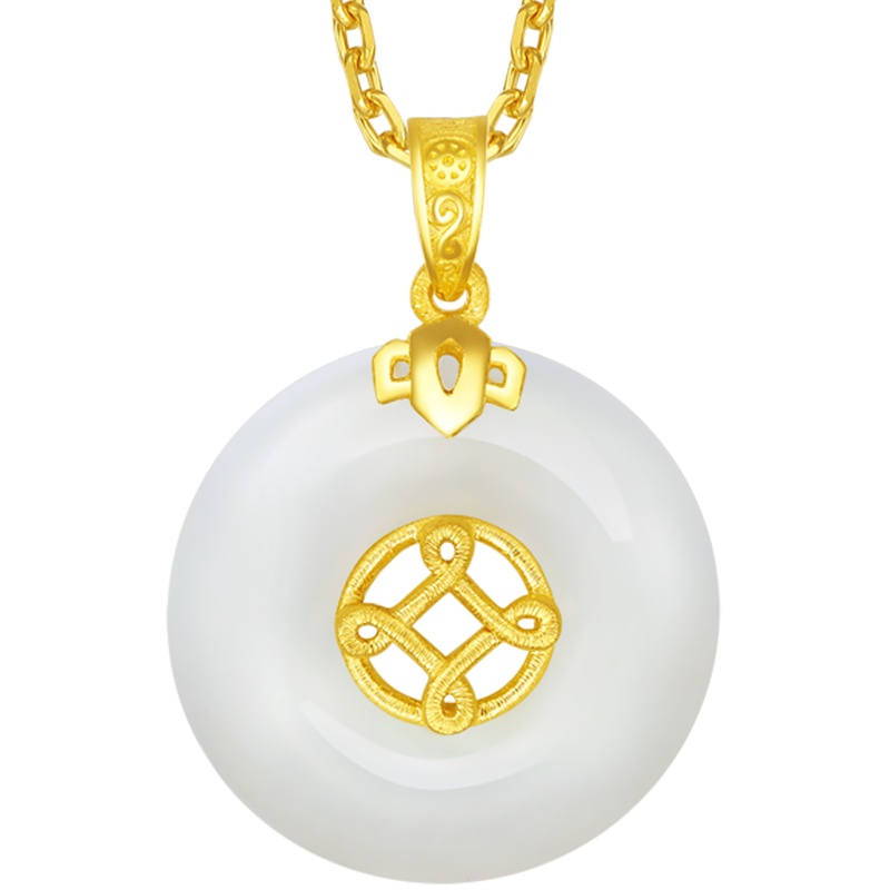 周大生 金镶玉通用款足金999平安扣镂空典雅福字吊坠和田玉送恋人其他玉石吊坠黄金饰品 女士珠宝首饰