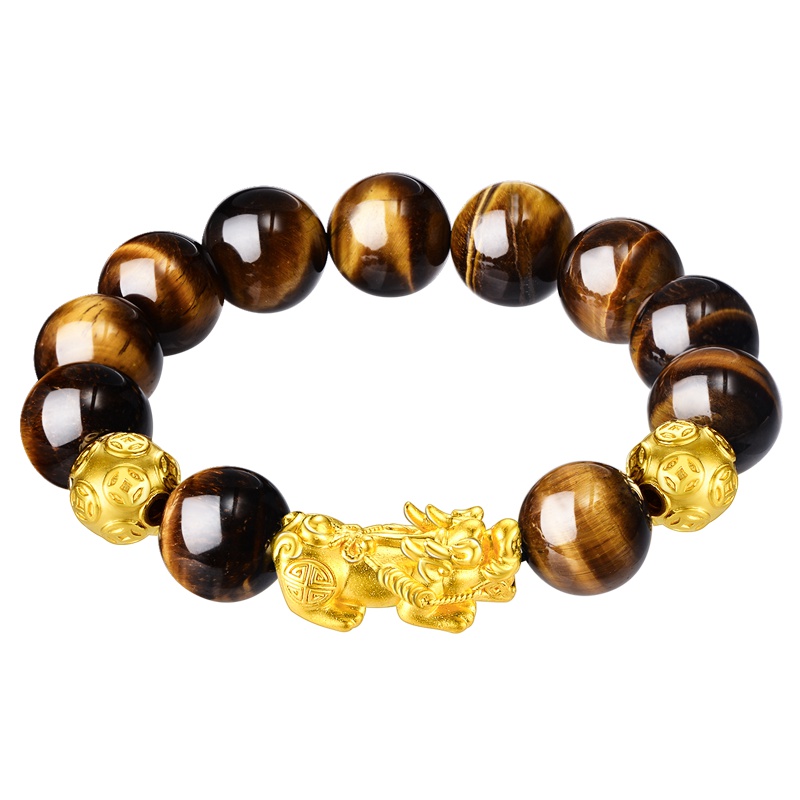 蒂蔻 貔貅黄金手链男士款足金铜钱金珠硬金虎眼石手串