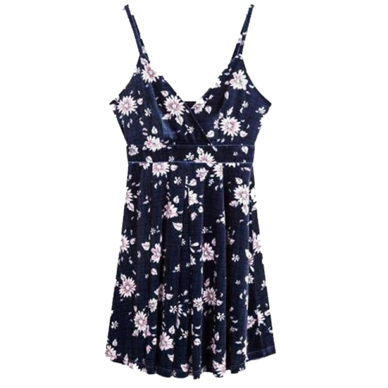 【热卖】拉夏贝尔旗下7M新款吊带碎花高腰百褶v领a字连衣裙70009773