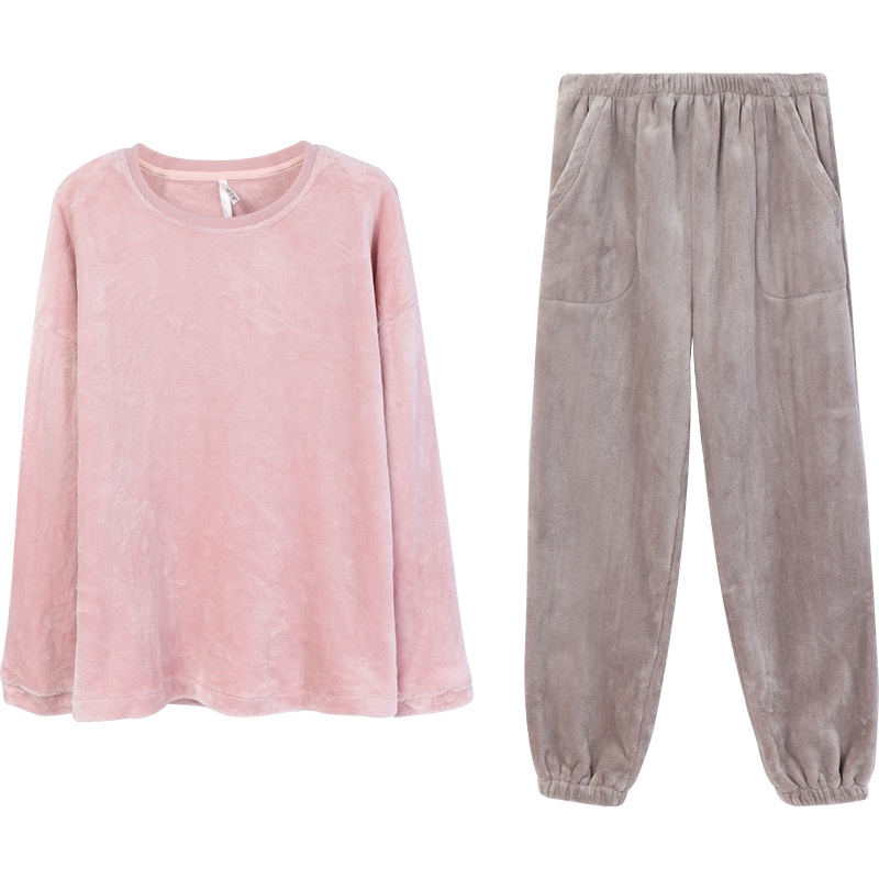 安之伴睡衣女保暖长袖加绒加厚素色简约家居服螺纹圆领口袋学生可外穿情侣睡衣套装