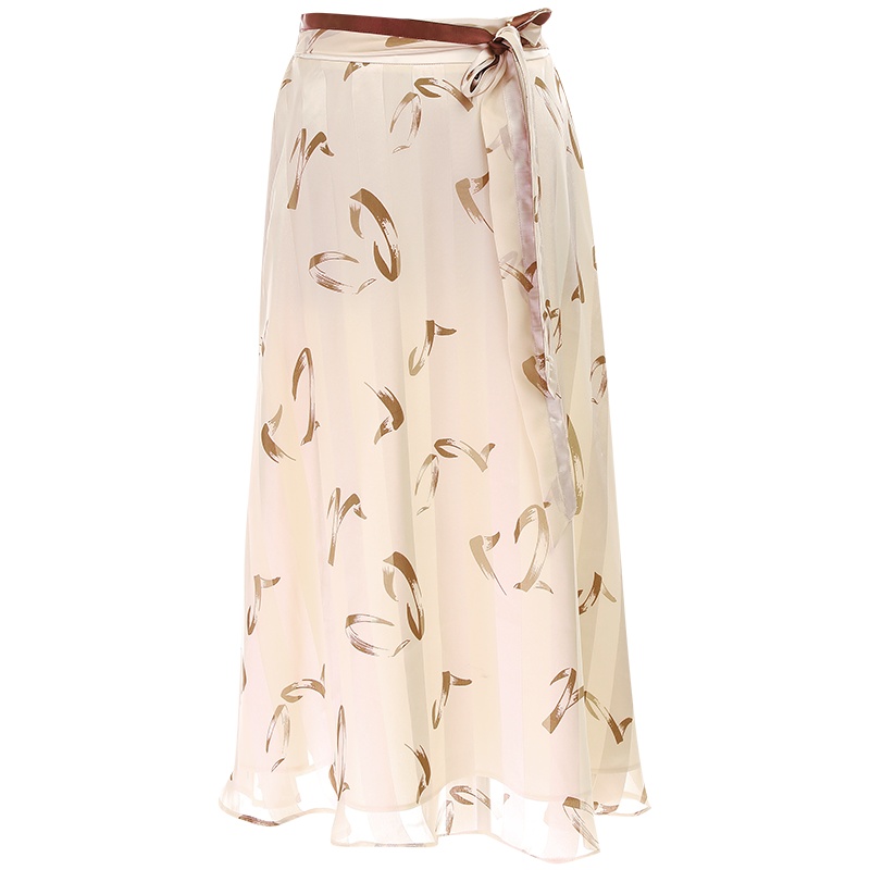 欧昵雪夏季高腰蝴蝶结印花雪纺半身裙女气质显瘦a字裙子