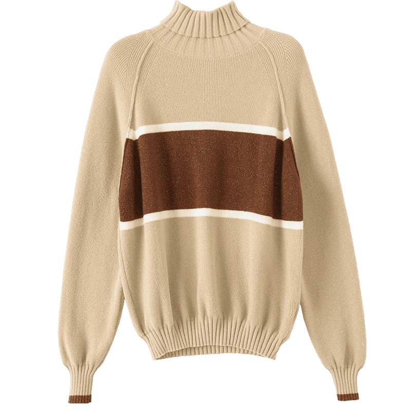 晚白2020冬季新品时尚拼色高领长袖宽松休闲套头毛衣毛衫针织衫女