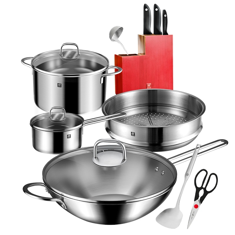双立人(ZWILLING)Nova系列 30cm中式炒锅套装不锈钢炒菜锅汤锅炖锅蒸笼奶锅切菜刀蔬果刀厨房炊具组合