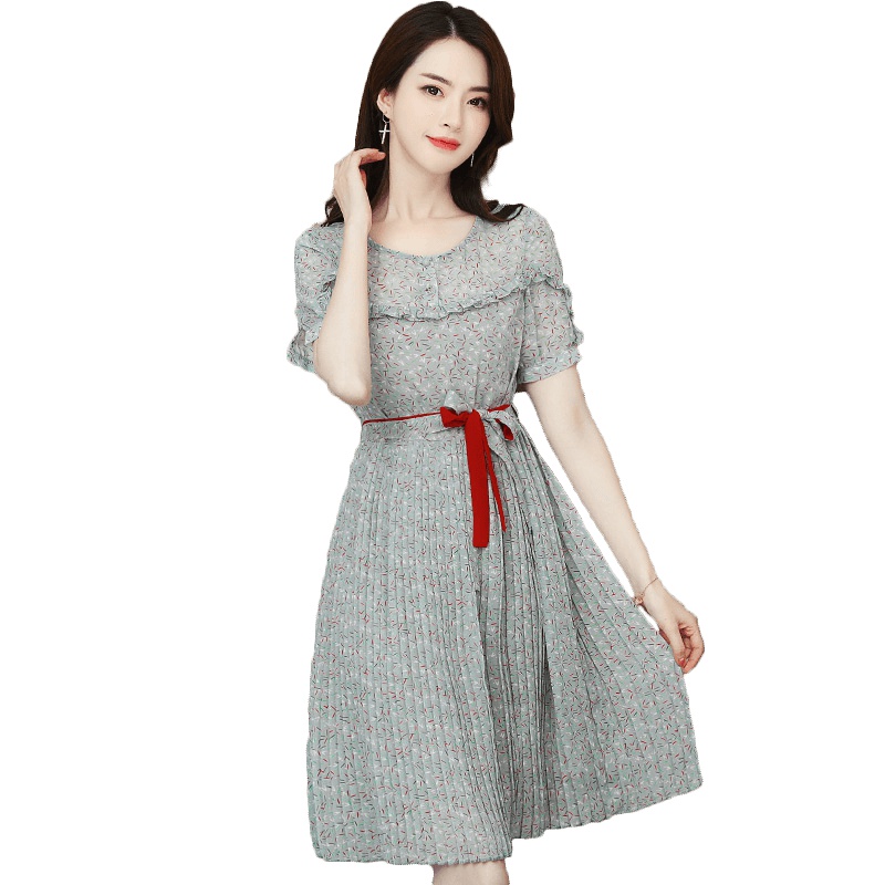 丝柏舍2019年夏装圆领系带收腰印花百褶中款连衣裙S82R0347L