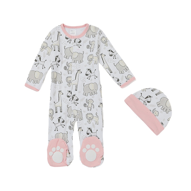 BabyAspen动物图婴儿连体睡衣女新生儿宝宝纯棉哈衣礼盒套装0-6月