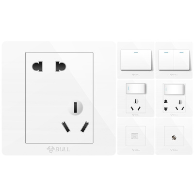 bull公牛开关插座86型家用墙壁5五孔六孔九孔十二孔g22灰高晶钢化玻璃面板灰银色电源插座