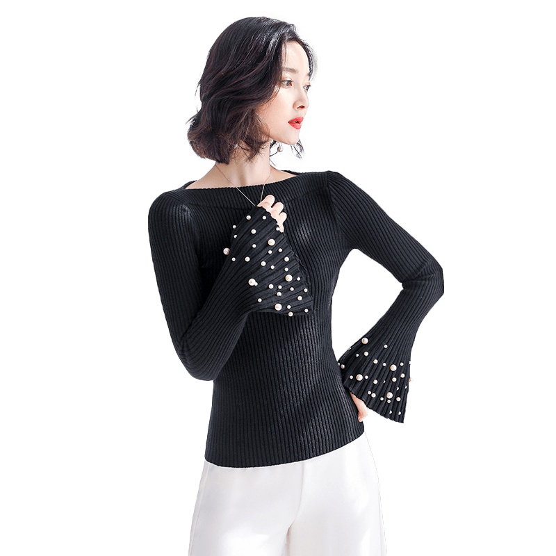 丝柏舍秋季女2019韩版纯色修身长袖钉珠套头毛衣S93S0005M