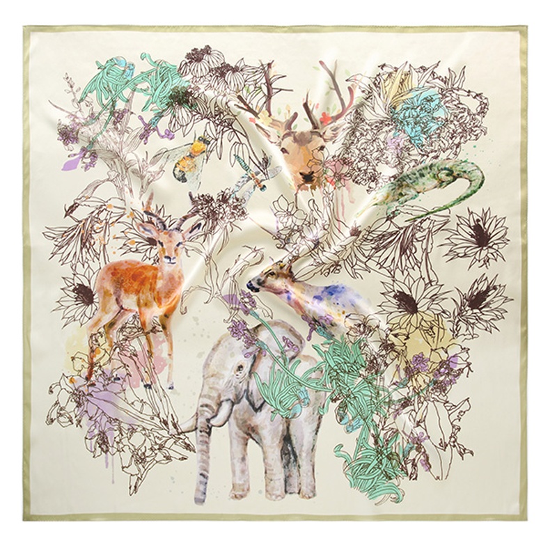 万事利春夏新品桑蚕丝真丝大方巾女士围巾披肩两用丝巾-奇妙森林