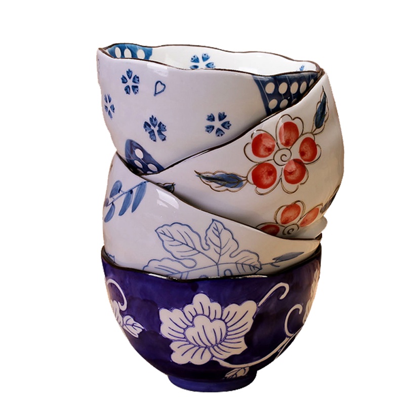 瓷物语手绘5.5英寸波纹碗日式釉下彩米饭碗碗餐具套(红花)