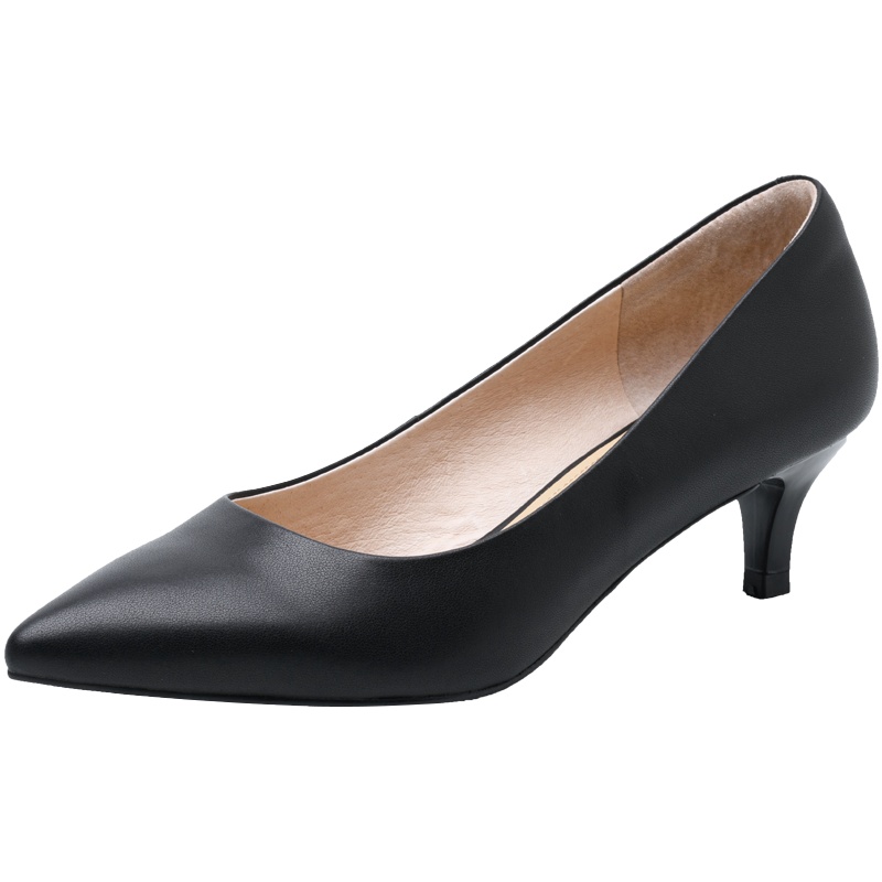 百田森2021秋新款黑色高跟鞋细跟工作鞋女真皮软底中跟通勤单鞋