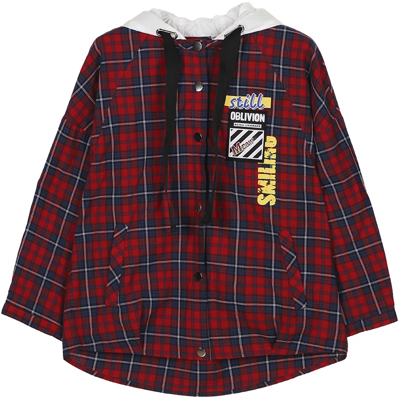 a02新款时尚徽章学院风格子连帽衬衫女潮DTU5A0691BL