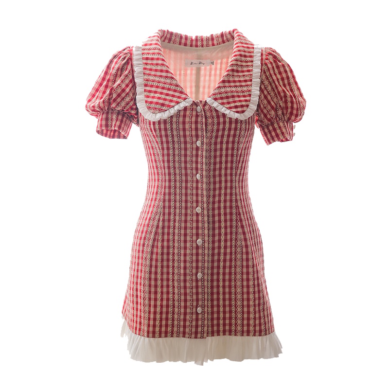 2019新款夏木耳边灯笼袖高腰度假格子A字裙单排扣连衣裙