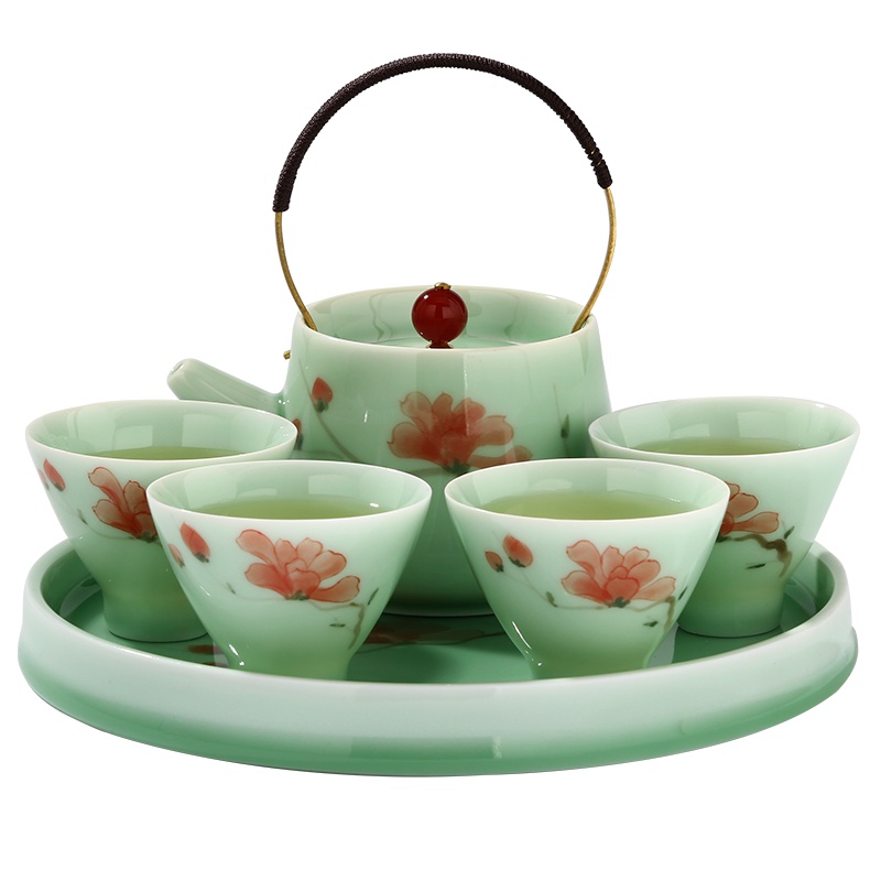 常生源 功夫茶具套装 手绘青瓷 陶瓷茶具茶盘整套 花好月圆套组