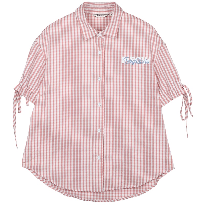 a02新款2020潮流翻领字母刺绣绑带宽松格子衬衫女DTV2D0451BL