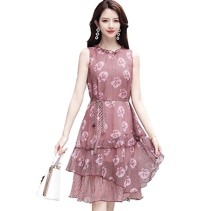 丝柏舍夏装2019女圆领气质印花无袖中长款连衣裙S82R1562L