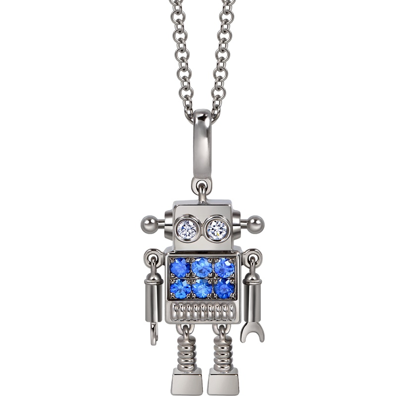 周生生(CHOW SANG SANG)18K黑色金Love Decode蓝宝石机器人项链