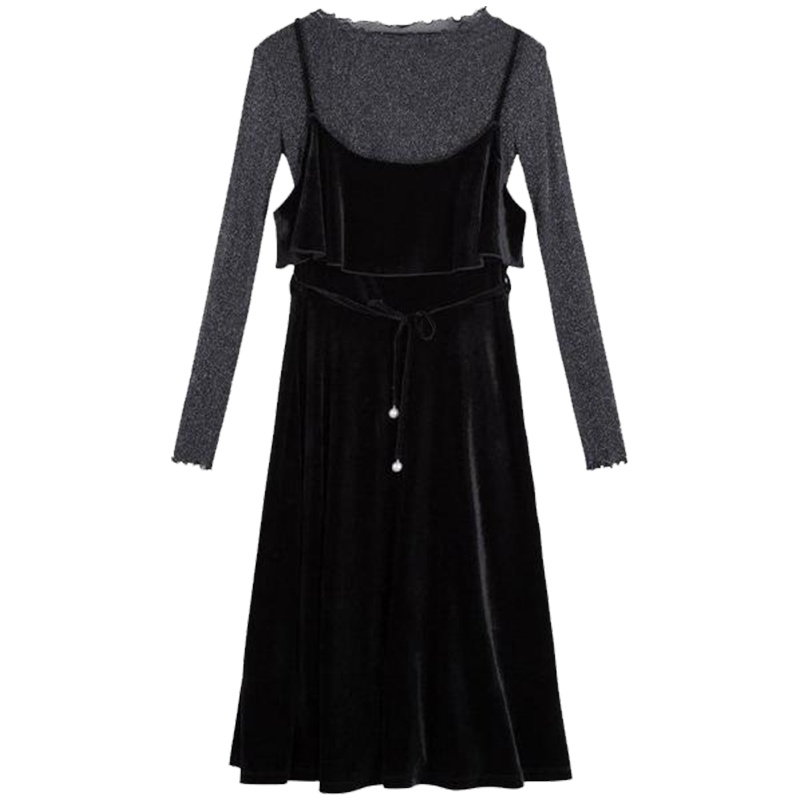 【热卖】丝绒连衣裙女士两件套拉夏贝尔2019春装新款韩版黑色吊带中长裙子10015633