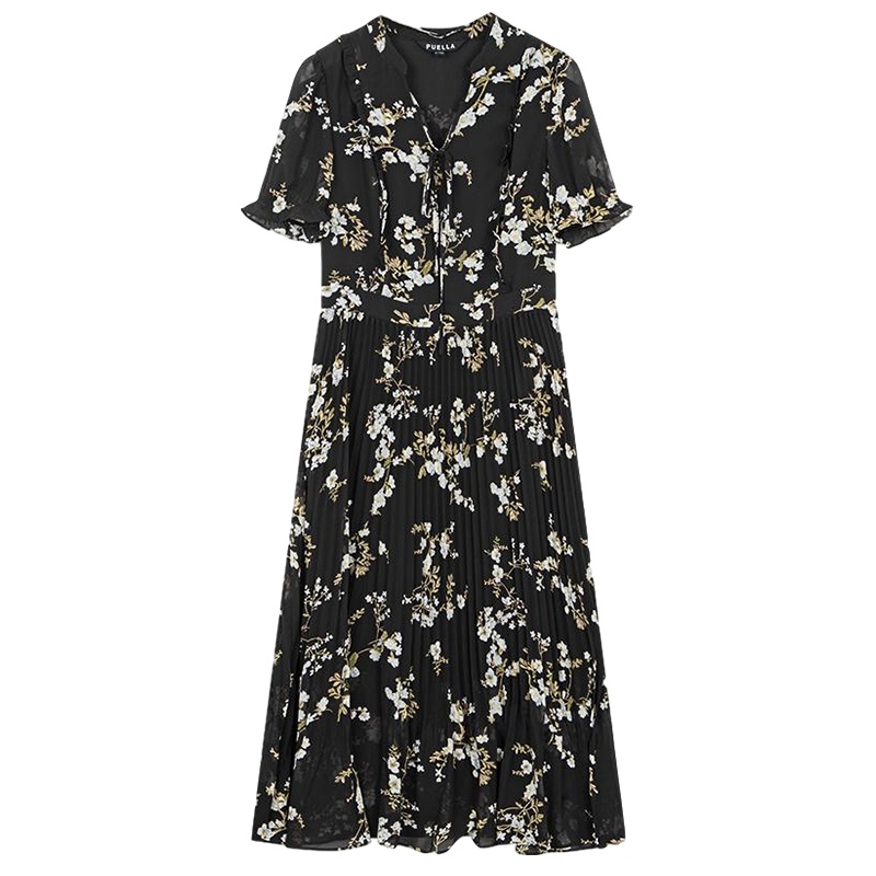 拉夏贝尔碎花连衣裙夏季新款中长款复古收腰印花V领仙雪纺裙子_40 S 印花混色