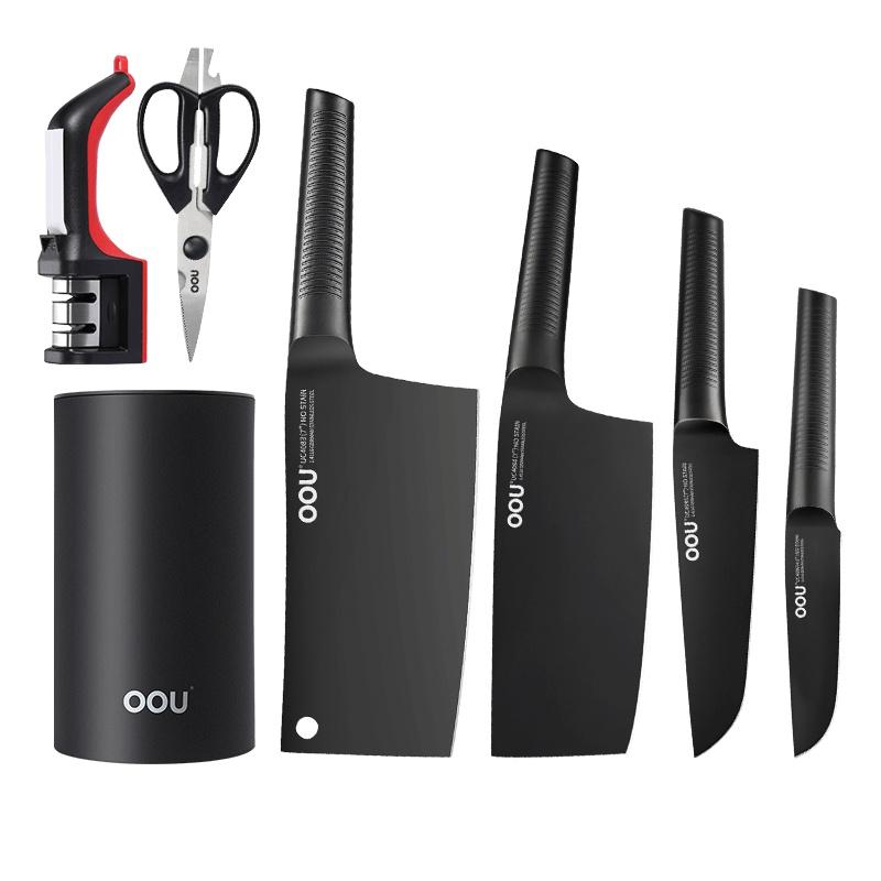 OOU!黑鲨7件套 全套厨房刀具 菜刀套装家用德国钢材 不锈钢 钼钒钢 黑鲨随意插刀架 七件套升级版 耐磨抗氧化
