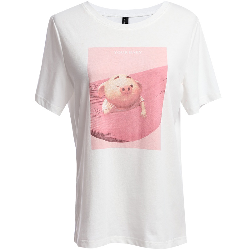 欧昵雪夏季卡通小猪印花宽松圆领纯棉T恤女短袖白色上衣