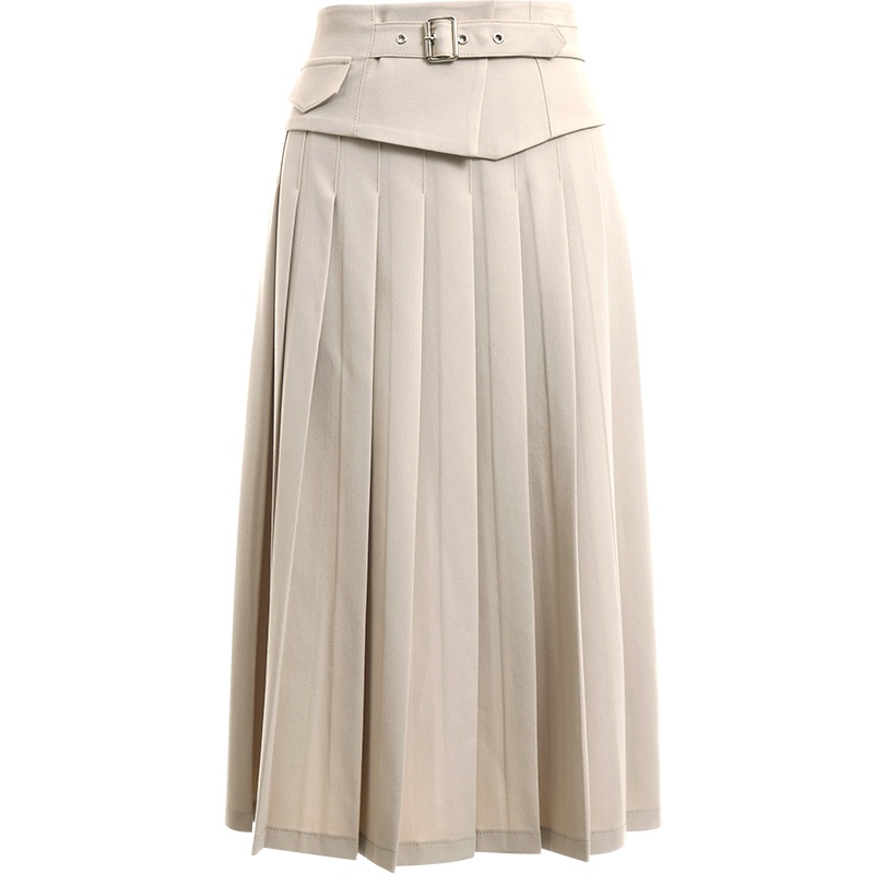 欧昵雪气质高腰显瘦百褶半身裙女过膝中长款A字伞裙