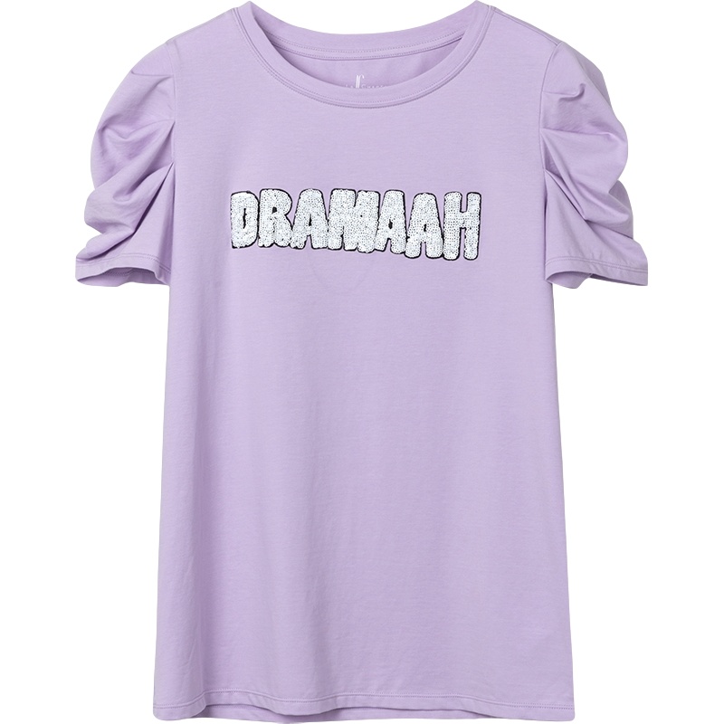 【专柜同款】拉夏贝尔夏泡泡袖短袖韩版宽松印花显瘦上衣小衫潮女T恤10018074