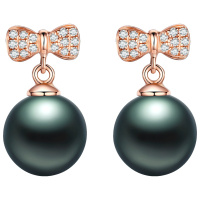 brir 佰色传情 正圆8-9mm蝴蝶结大溪地黑珍珠耳饰耳钉耳环女18K金钻石正品女