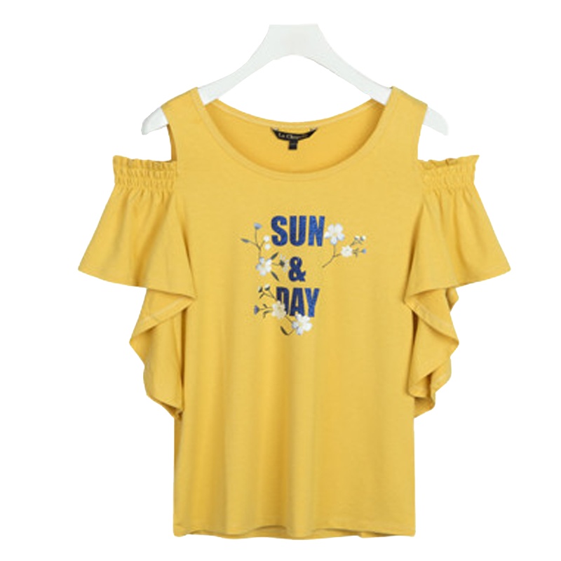 【专柜同款】拉夏贝尔露肩上衣女夏新款荷叶边印花时尚宽松T恤百搭短袖女ins潮甜美10016248 姜 S