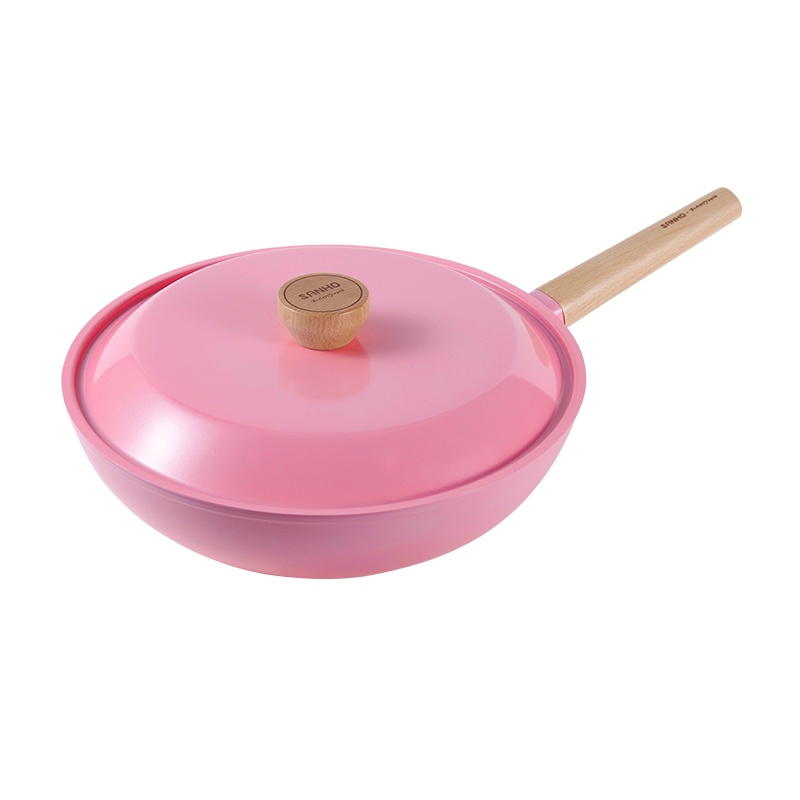 三禾Beautyouth小清新系列不粘锅炒锅电磁炉通用炒菜锅30CM倾城粉