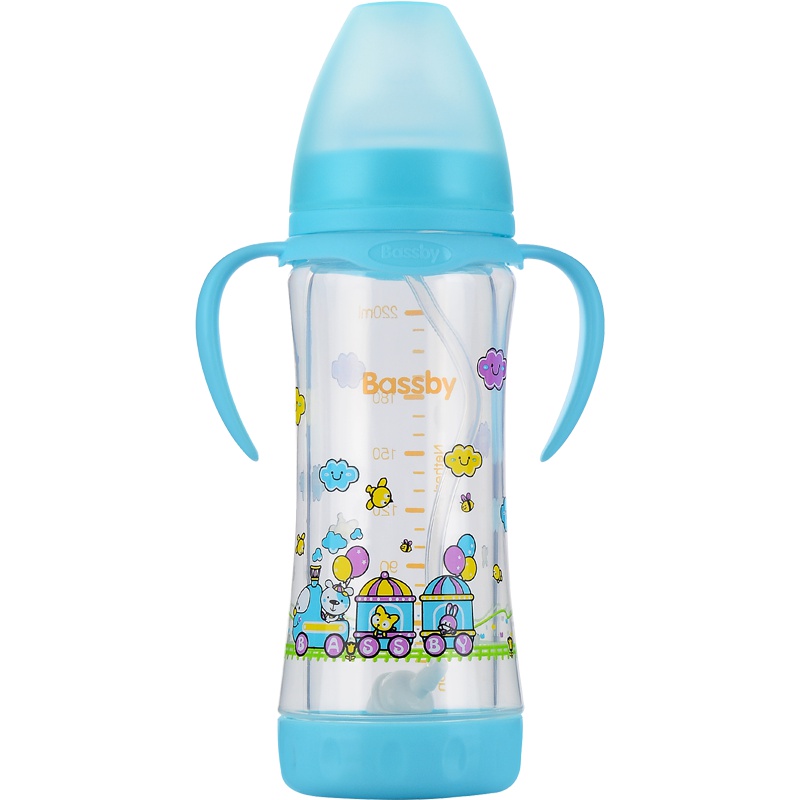 贝斯比bassby 宽口弧形玻璃防爆两用自动奶瓶带220mlPP防护套粉蓝