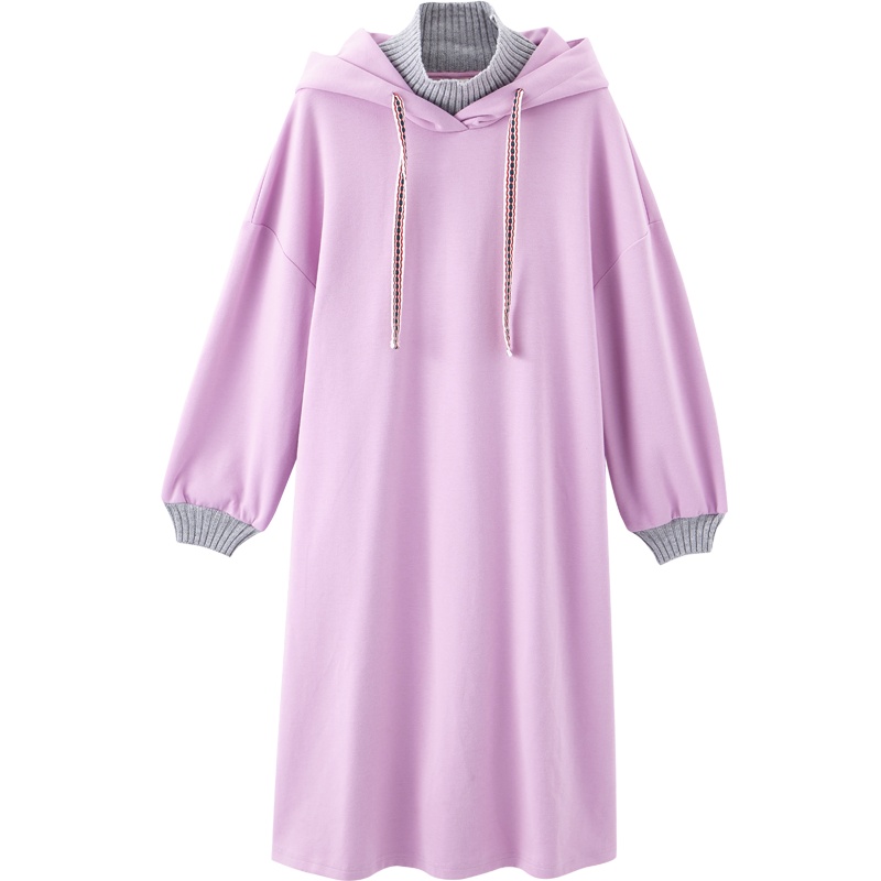 茵曼2019秋季新款宽松慵懒风连帽假两件卫衣拼接连衣裙半高领长袖