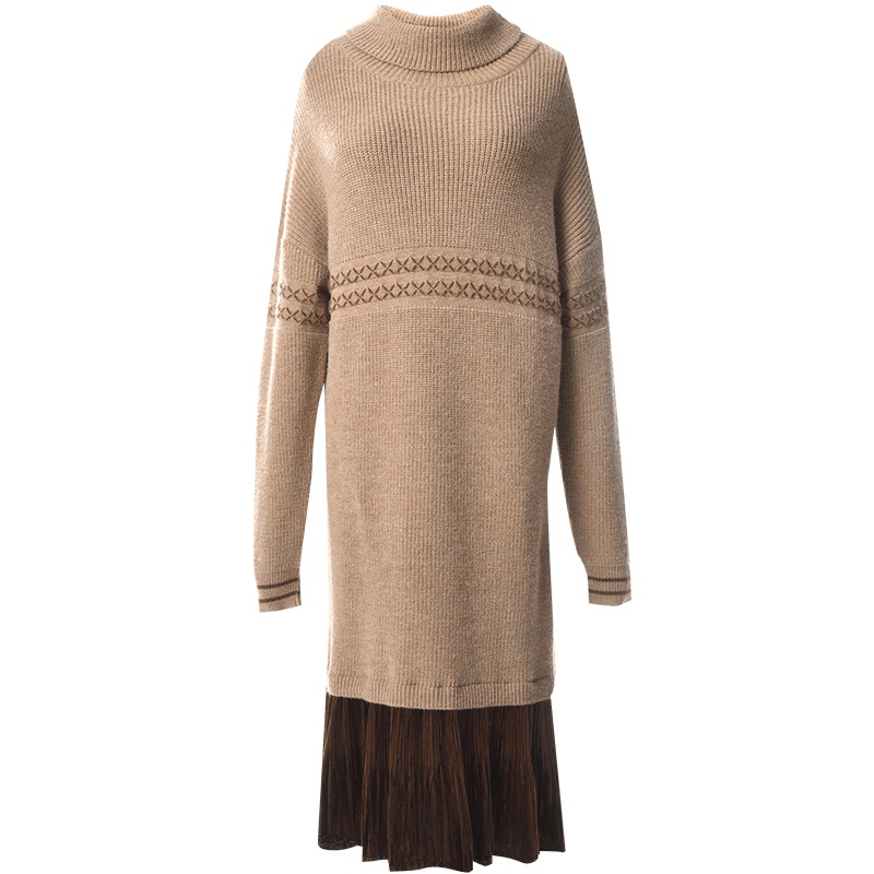 欧昵雪秋冬装半高领套头宽松毛衣裙女长袖丝绒百褶裙摆连衣裙