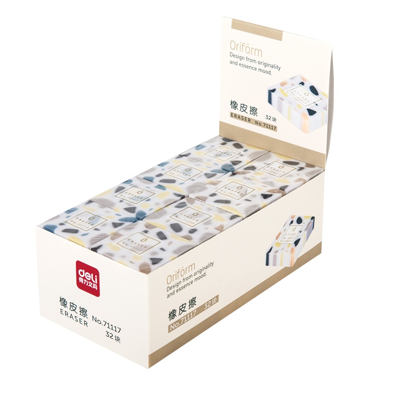 得力deli71117橡皮32块装方形橡皮时尚创意ins水磨石图案彩色初高中学生用橡皮擦男女生白领雨花石笔擦小清新