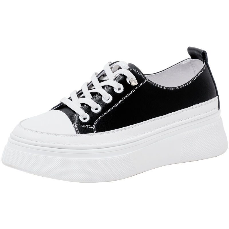 百田森2021秋季新款厚底小白鞋女牛皮减龄潮牌免系带一脚蹬休闲鞋